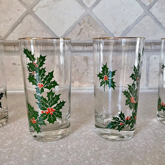 Gold Trim Holly and Berries 5.5" Glass Tumbler 12oz Holiday Drinkware Set of 4 - Picture 2 of 11